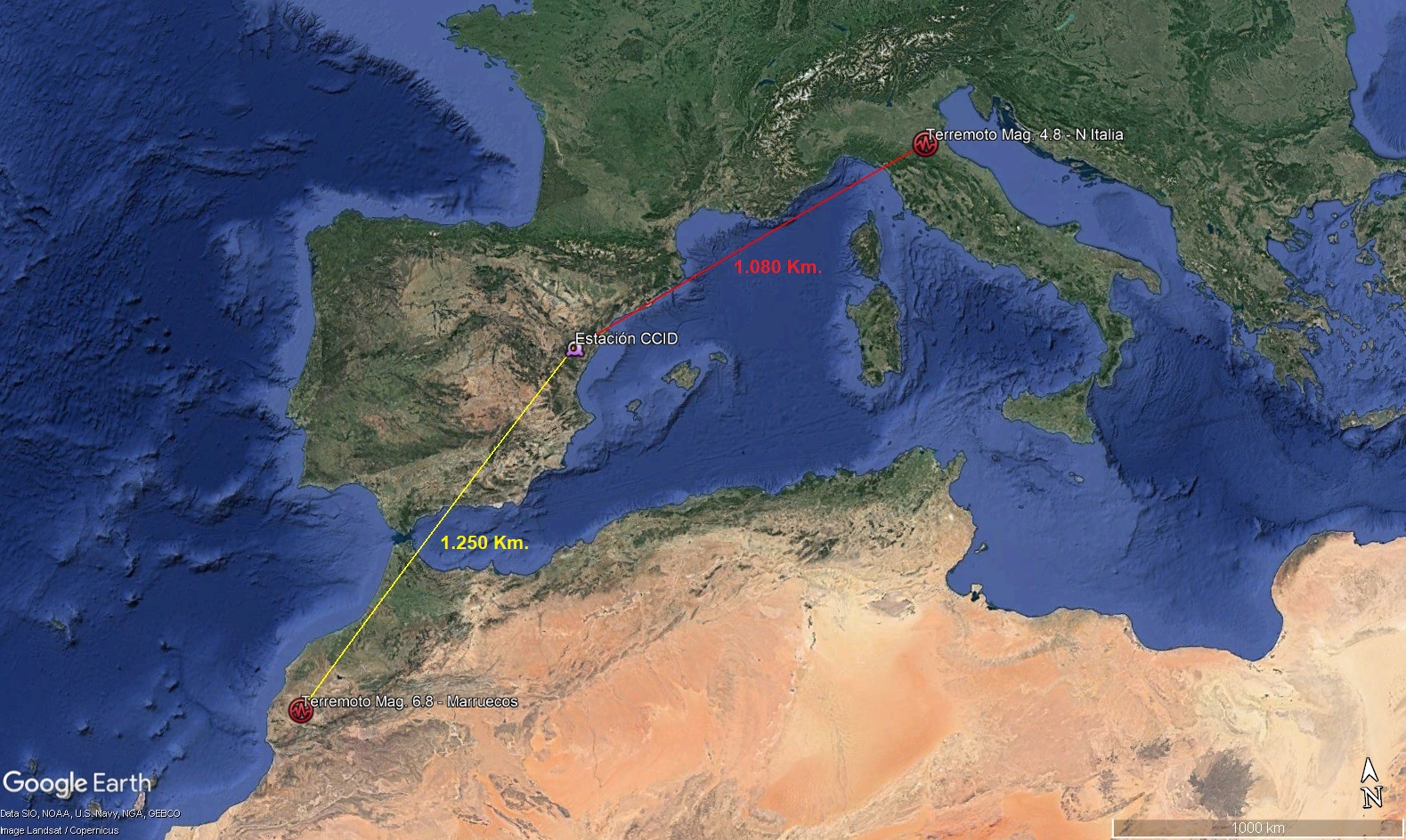 Distàncies des de l'estació *CCID (Llucena, Castelló) als terratrémols del Marroc i Itàlia.
