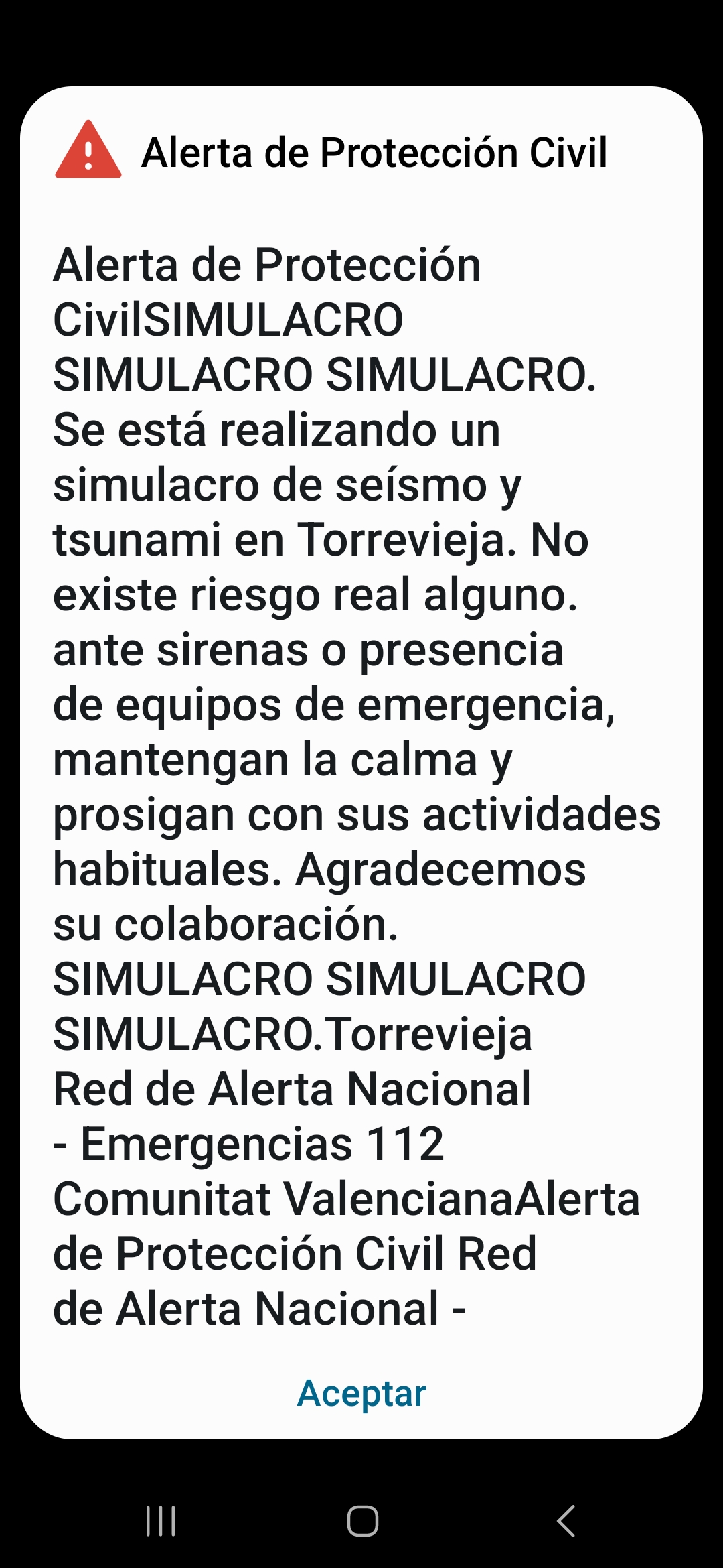 Figura 2. Mensaje de ES-ALERT recibido por la población informando del simulacro. 